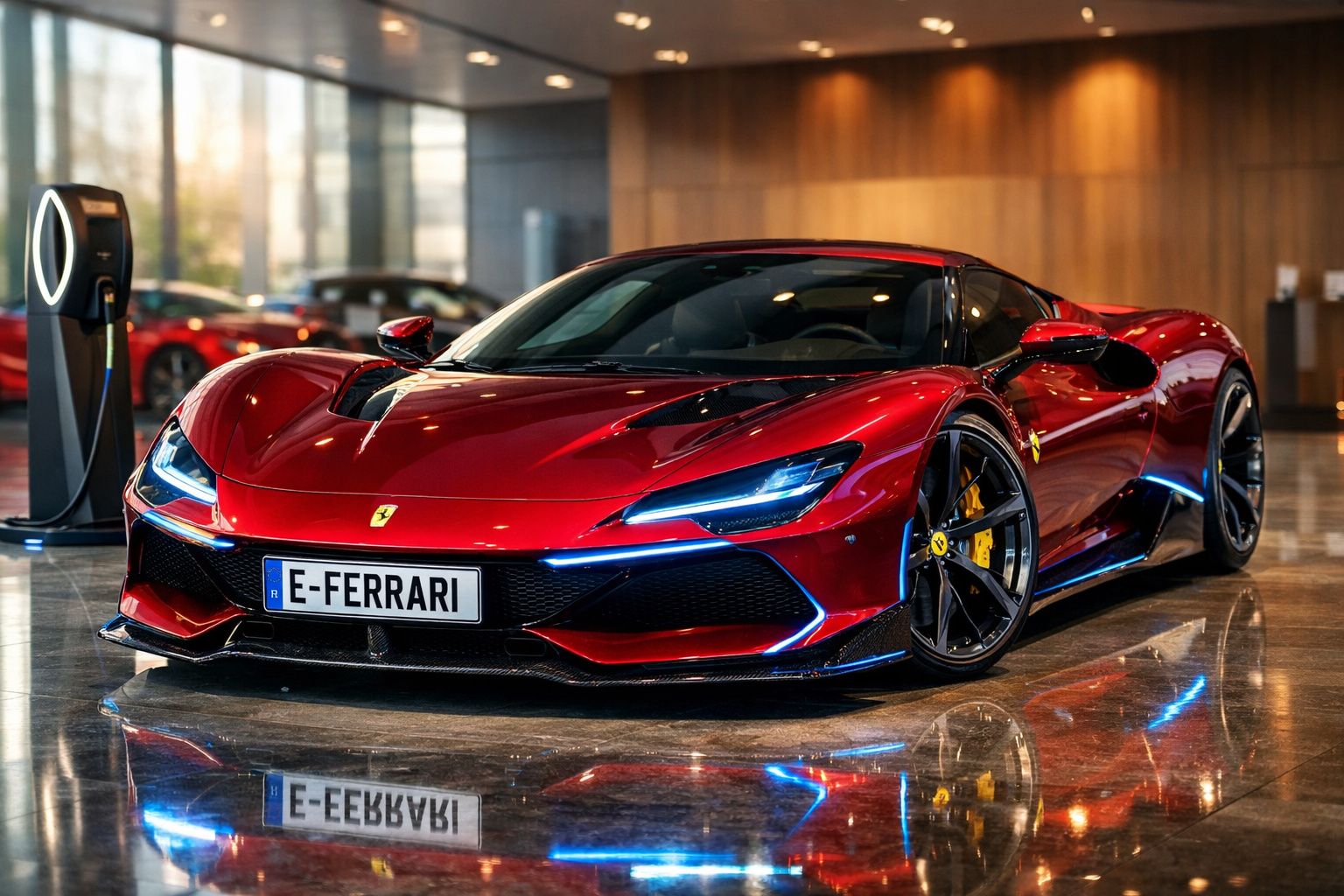 Ferrari desportiva vermelha estacionada em piso interior brilhante com carregador elétrico ao lado.