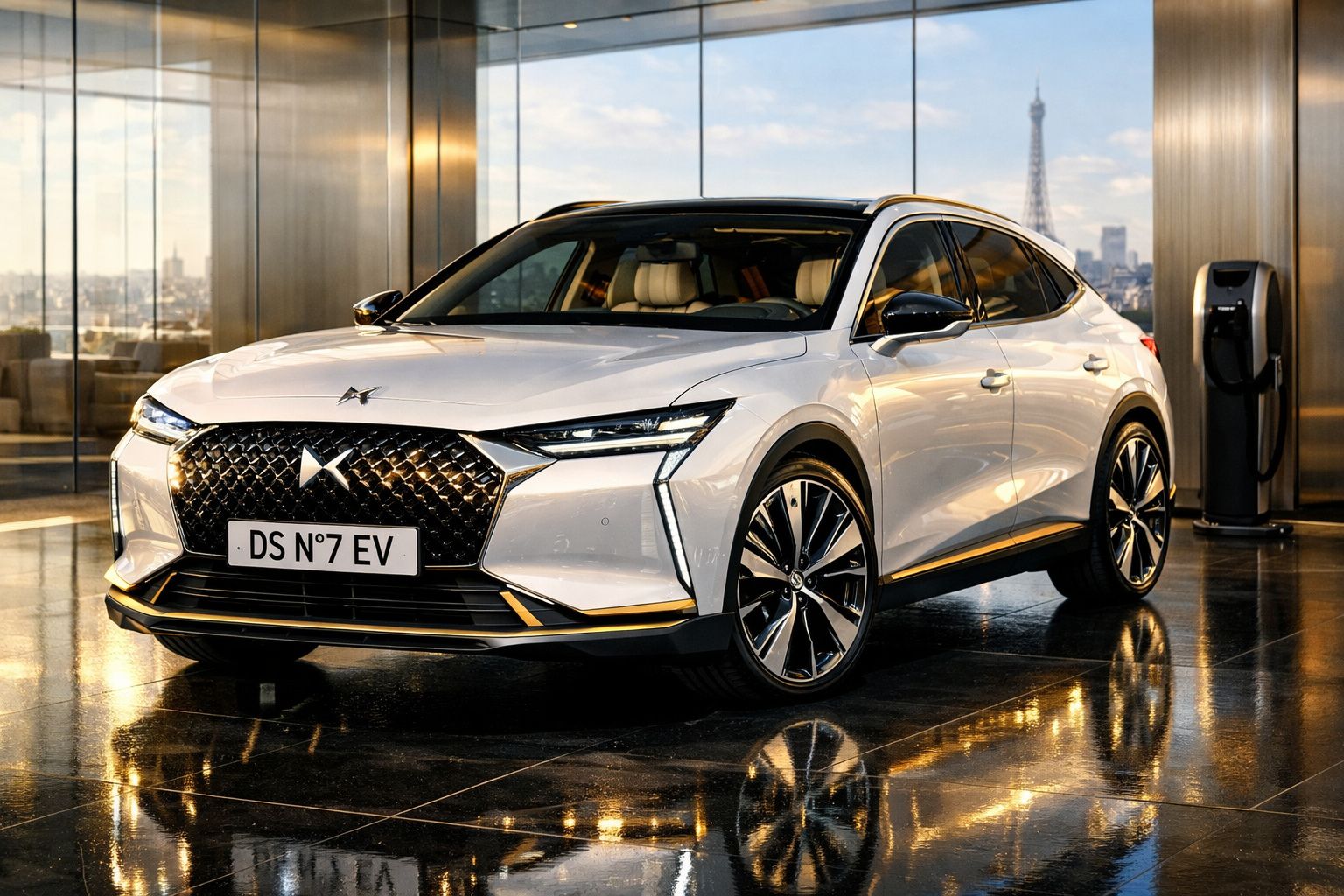Carro elétrico DS N°7 EV branco estacionado dentro com vista da Torre Eiffel ao fundo.