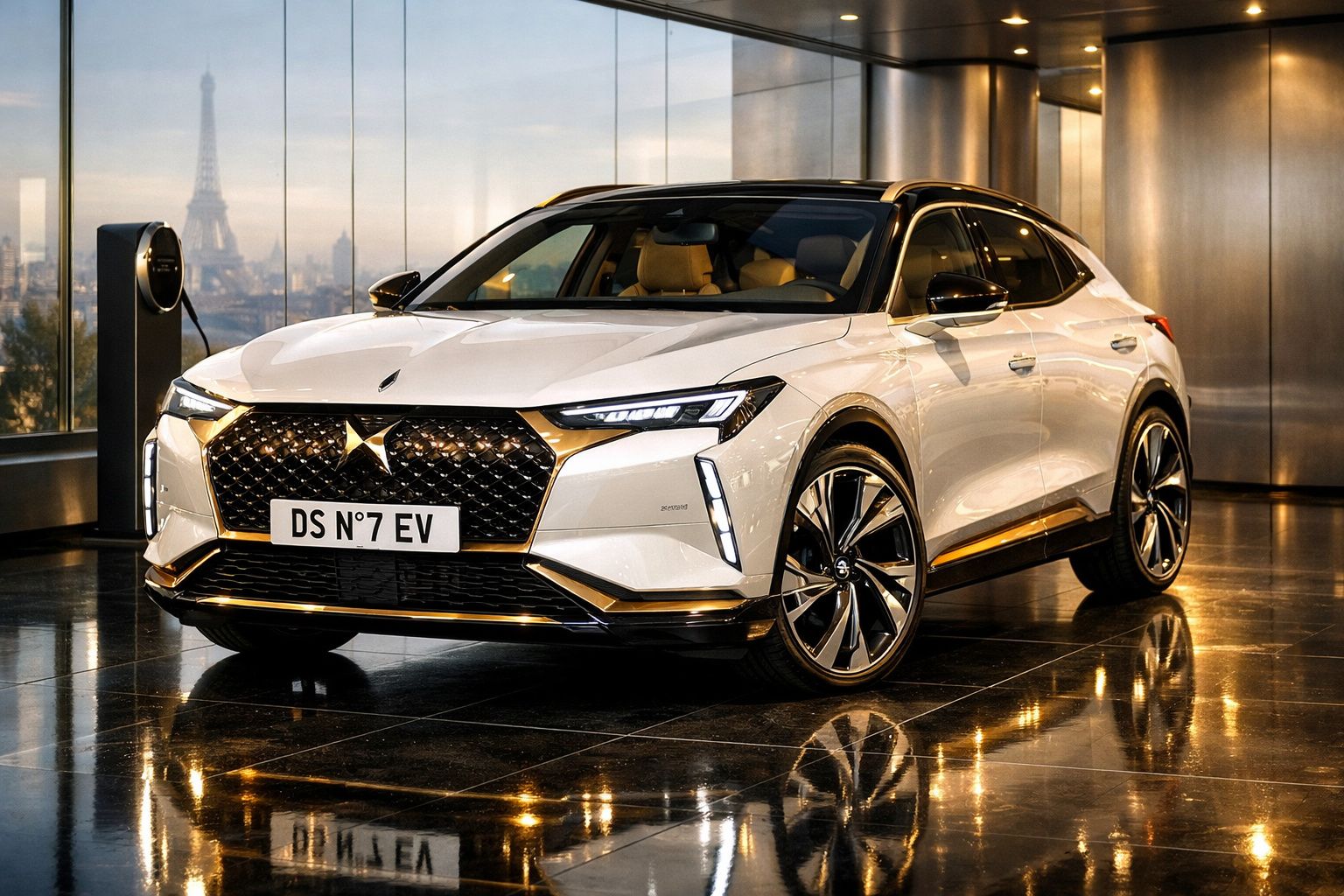 Carro elétrico DS Nº7 EV branco estacionado em interior moderno com Torre Eiffel ao fundo.