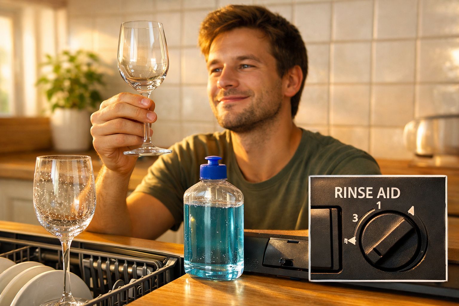 Homem segura taça de vidro limpa e sorri, junto a máquina de lavar loiça com doseador de enxaguante.