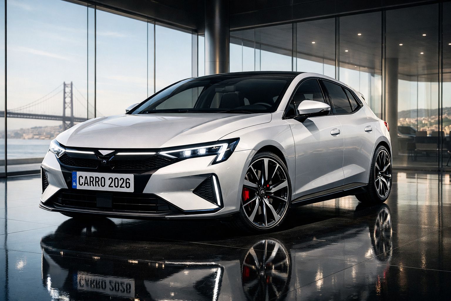 Carro moderno prateado estacionado em interior com grandes janelas e vista para uma ponte suspensa.