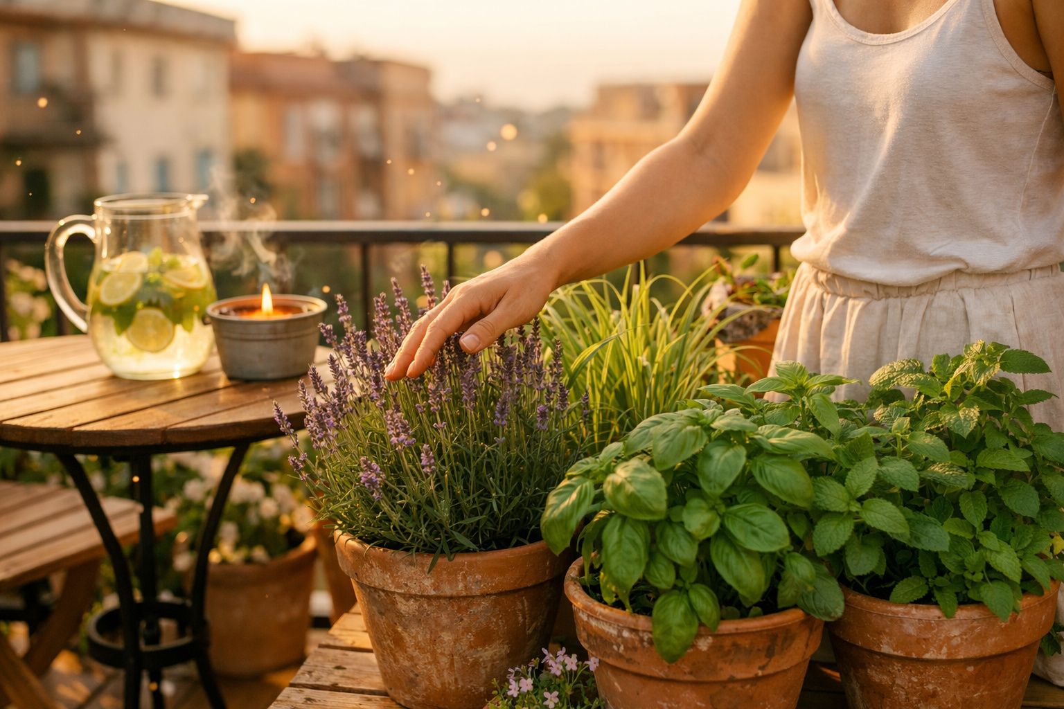 Pessoa a tocar plantas aromáticas em vasos num terraço ao pôr do sol com jarra de limonada e vela acesa numa mesa de madeira.