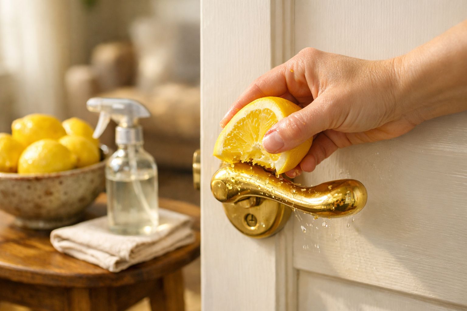 Mão a esfregar metade de um limão num puxador dourado de porta para limpeza natural com limões ao fundo.