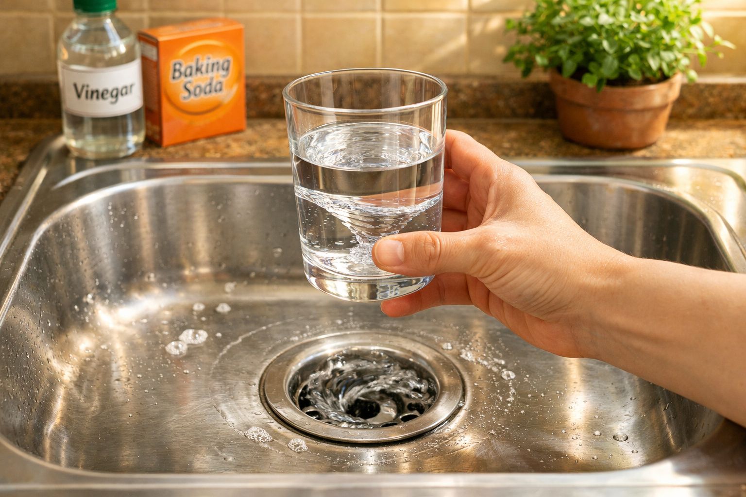 Mão a despejar copo de vinagre na pia com bicarbonato de sódio e vinagre ao fundo para desentupir.