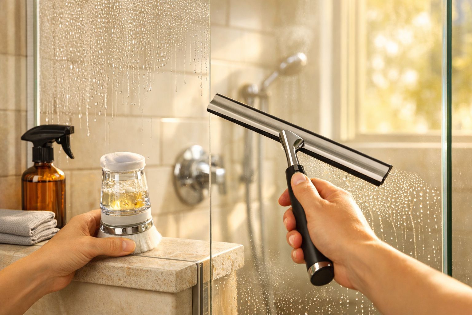 Pessoa a limpar vidro de cabine de duche com escova e squeegee num espaço de casa-de-banho moderno.