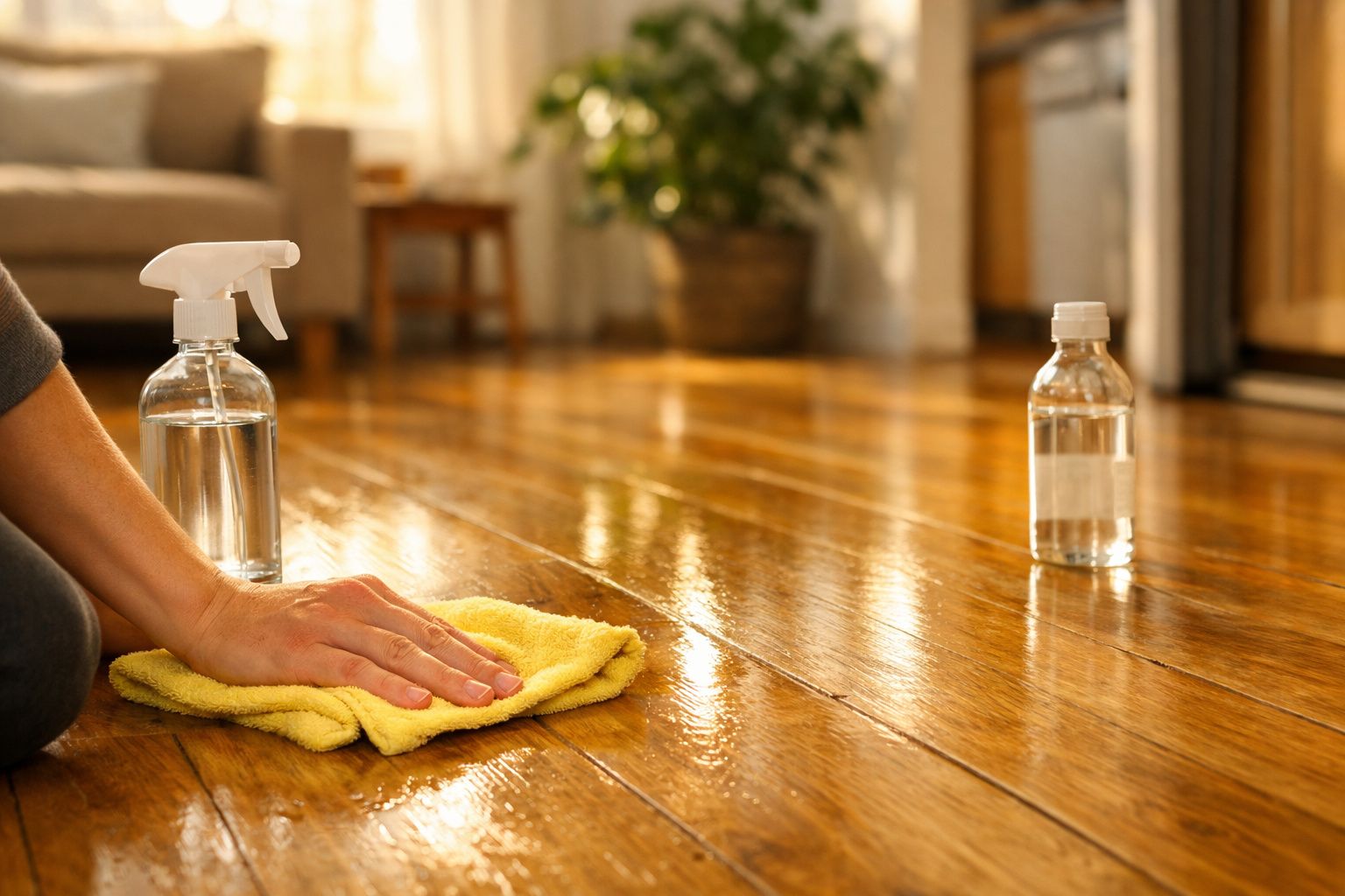 Pessoa a limpar chão de madeira com pano amarelo e frascos de produtos de limpeza ao lado.