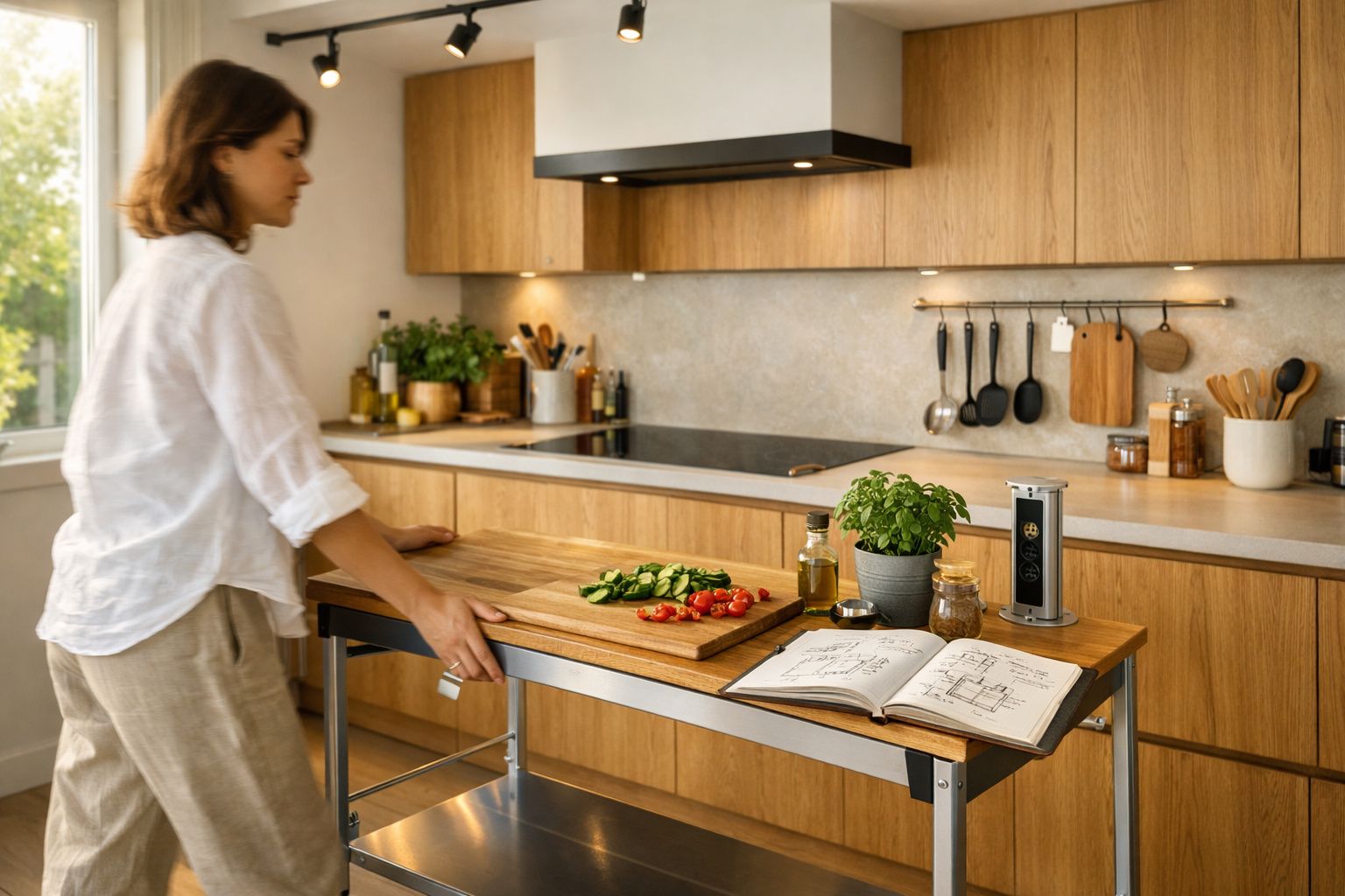 Mulher a preparar legumes numa cozinha moderna com móveis de madeira clara e muitas ervas aromáticas.