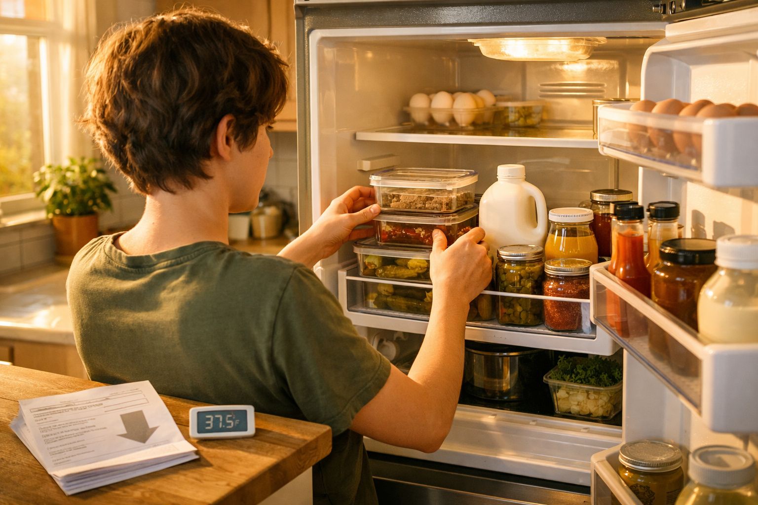 Pessoa jovem a organizar recipientes de comida num frigorífico bem abastecido numa cozinha iluminada.