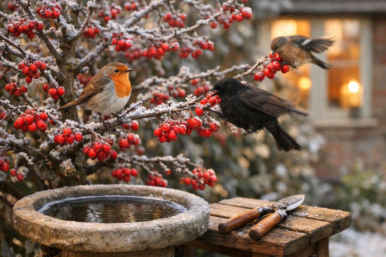 Pássaros pousados num arbusto com bagas vermelhas e geada, ao lado de uma taça de pedra com água e tesouras.