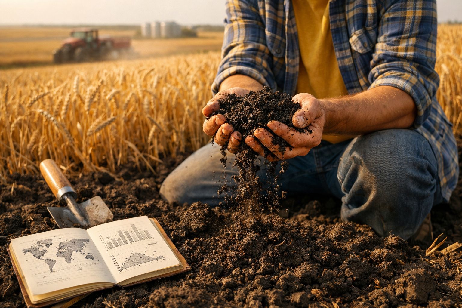 Agricultor de joelhos analisa terra fértil junto a campo de trigo e livro aberto com gráficos agrícolas.