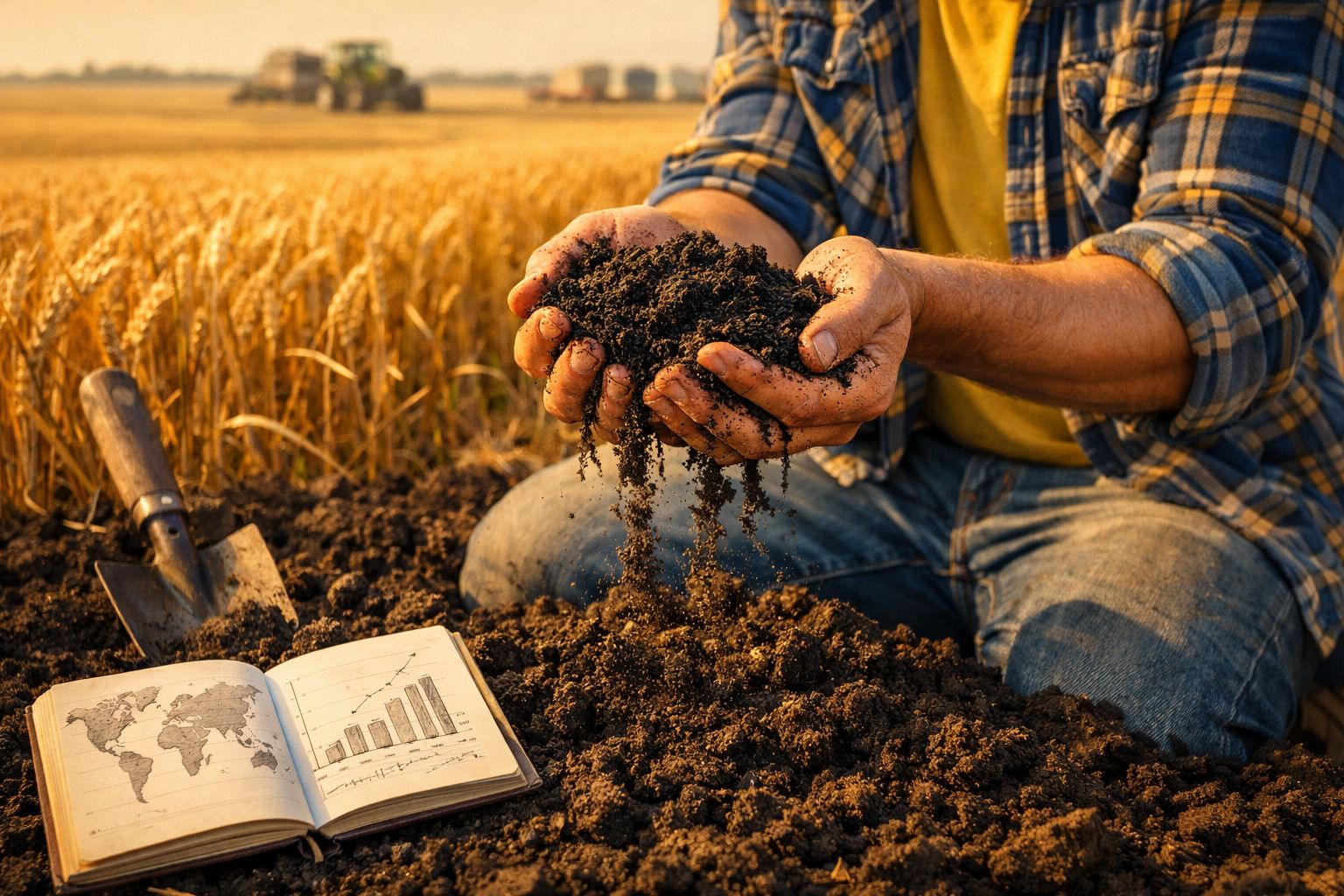 Homem de camisa de xadrez a segurar terra fértil numa mão e gráfico num livro aberto numa plantação de trigo.