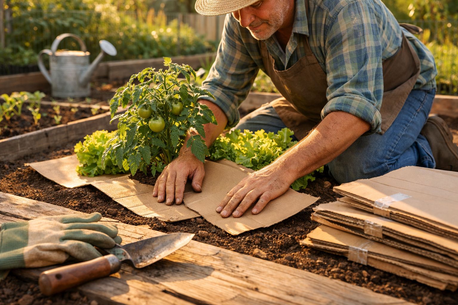 Homem a colocar cartão no solo de uma horta com plantas de tomate e alface ao fundo.