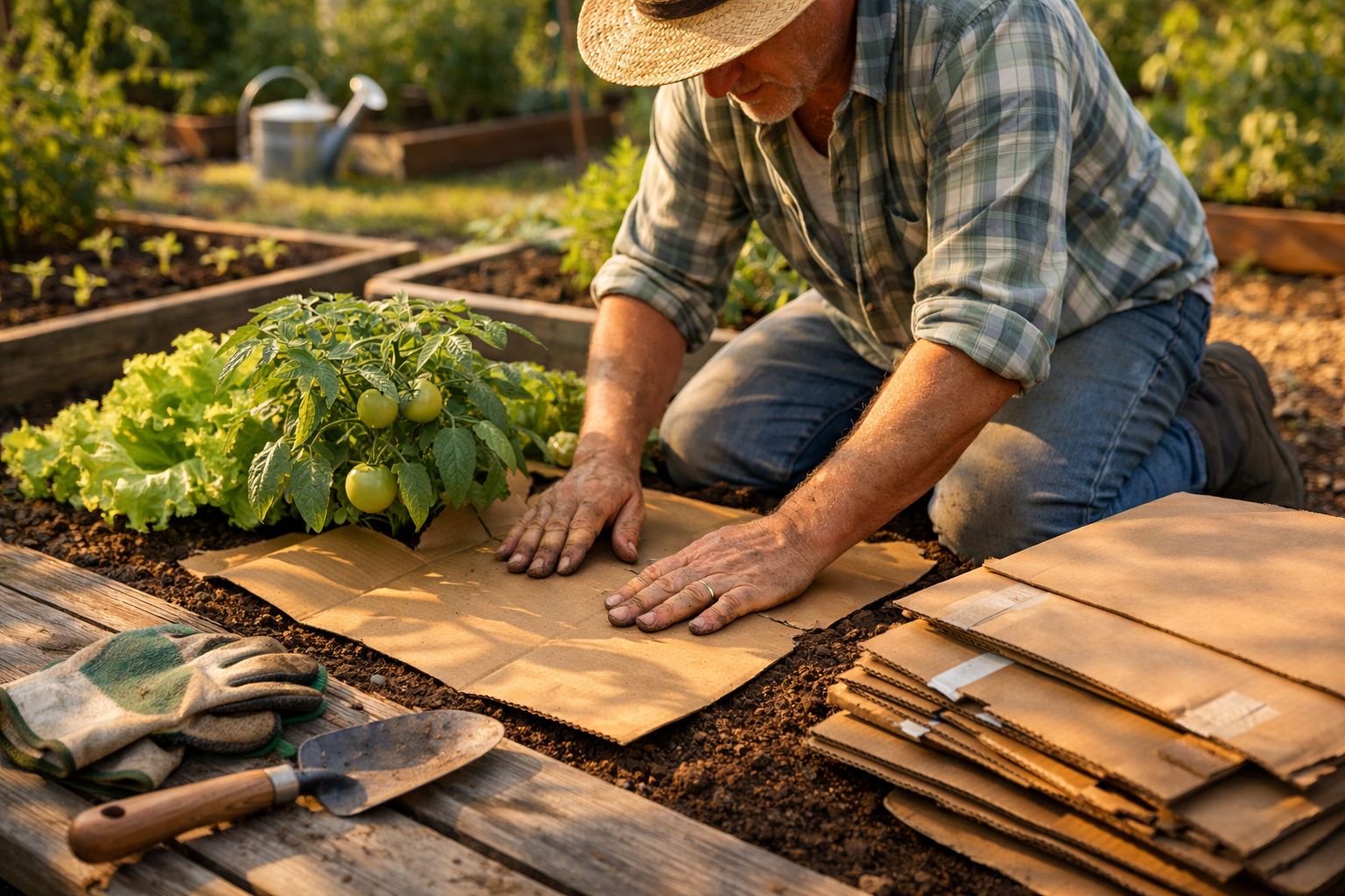Homem a colocar caixas de cartão no solo de um canteiro com alface e tomateiros verdes.