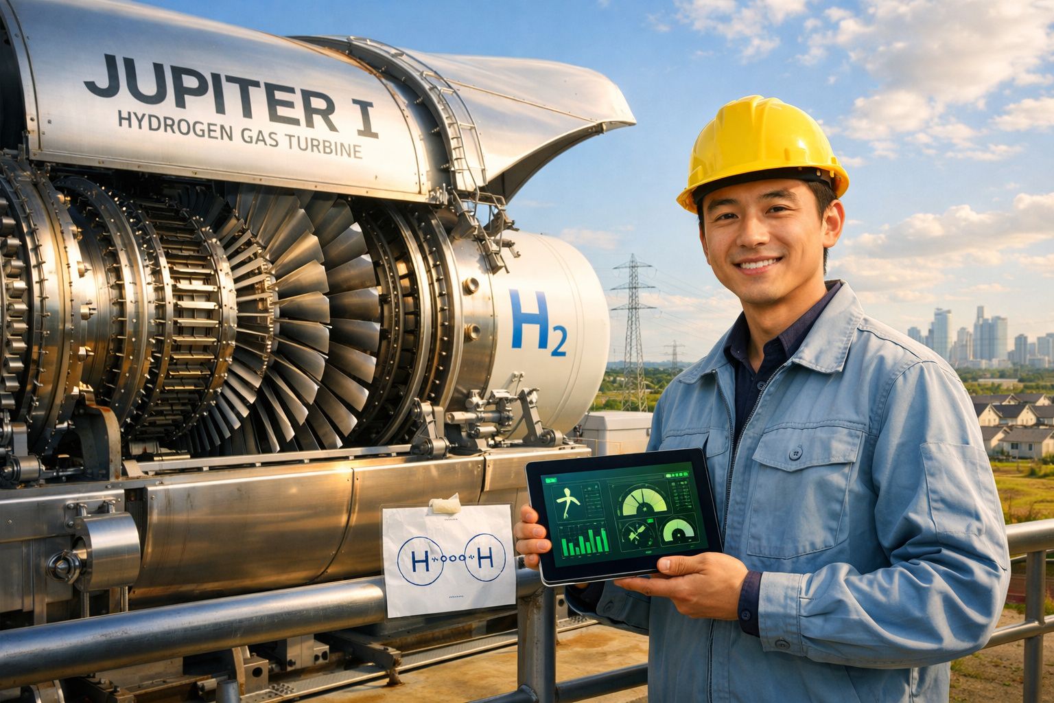 Engenheiro com capacete amarelo segura tablet junto a turbina a gás de hidrogénio num ambiente industrial ao ar livre.