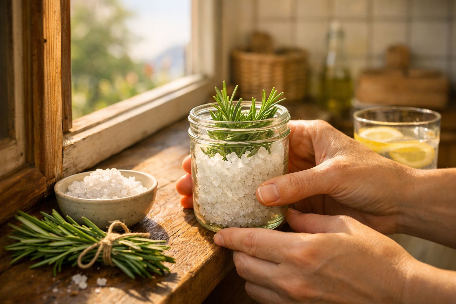 Mãos seguram frasco com sal grosso e ramos de alecrim numa janela ensolarada com limonada ao fundo.
