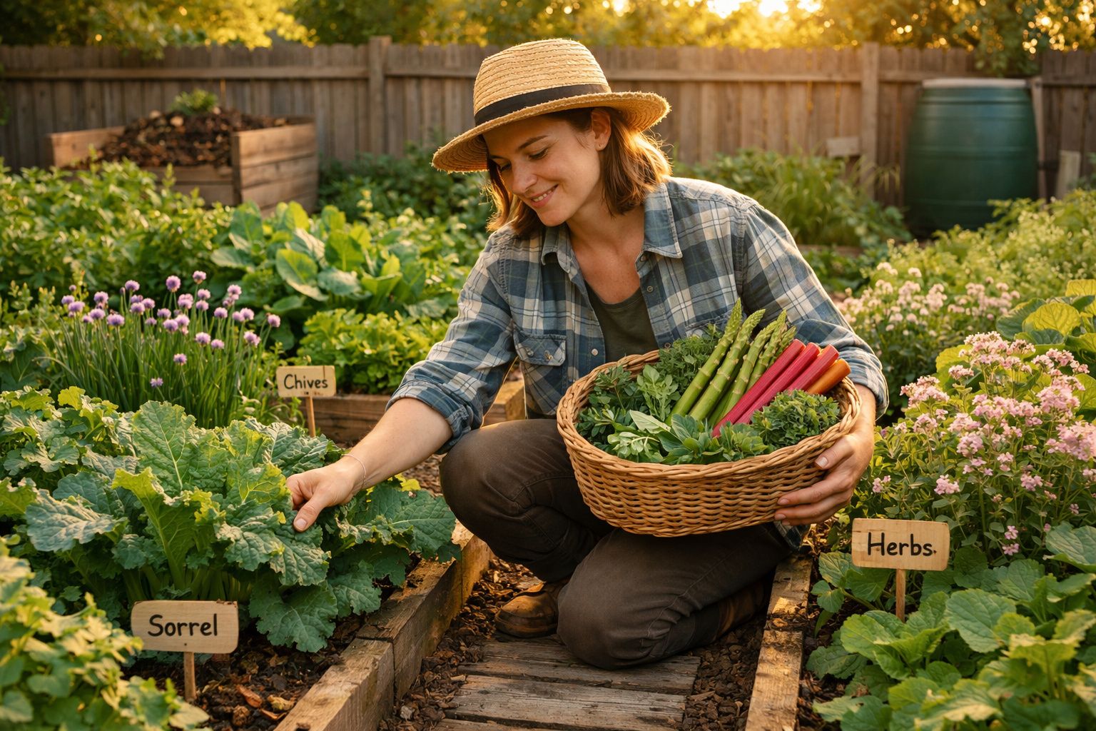 Mulher com chapéu a colher legumes e ervas frescas numa horta caseira ao ar livre.