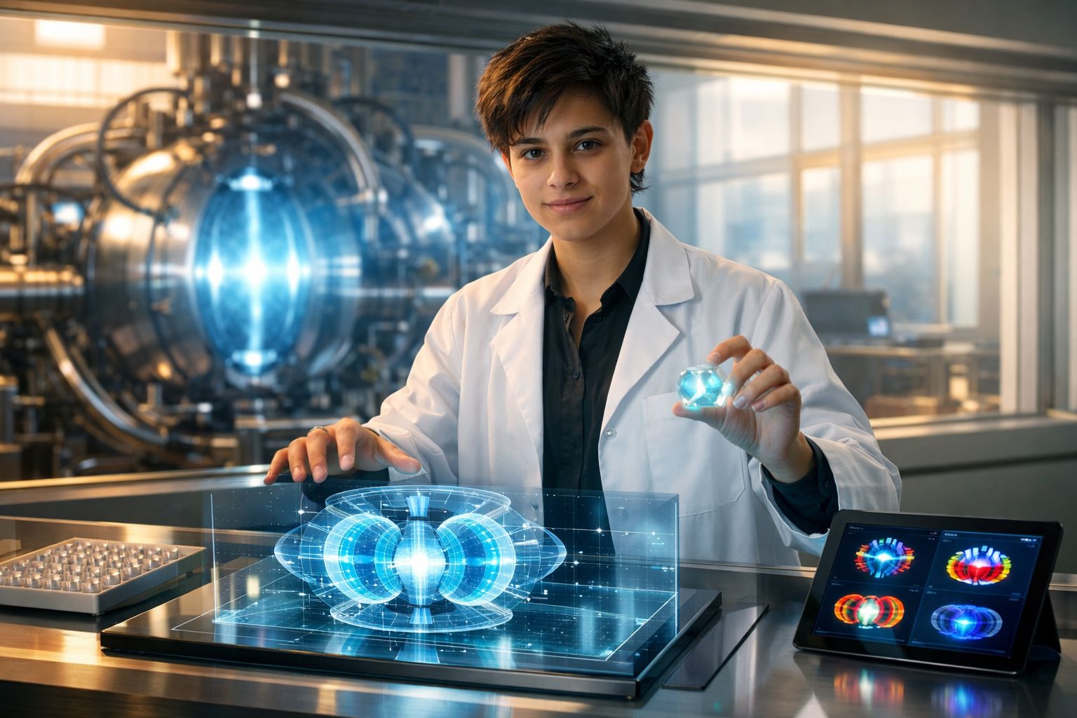 Cientista com bata branca a manipular modelo holográfico azul de dispositivo tecnológico futurista num laboratório.
