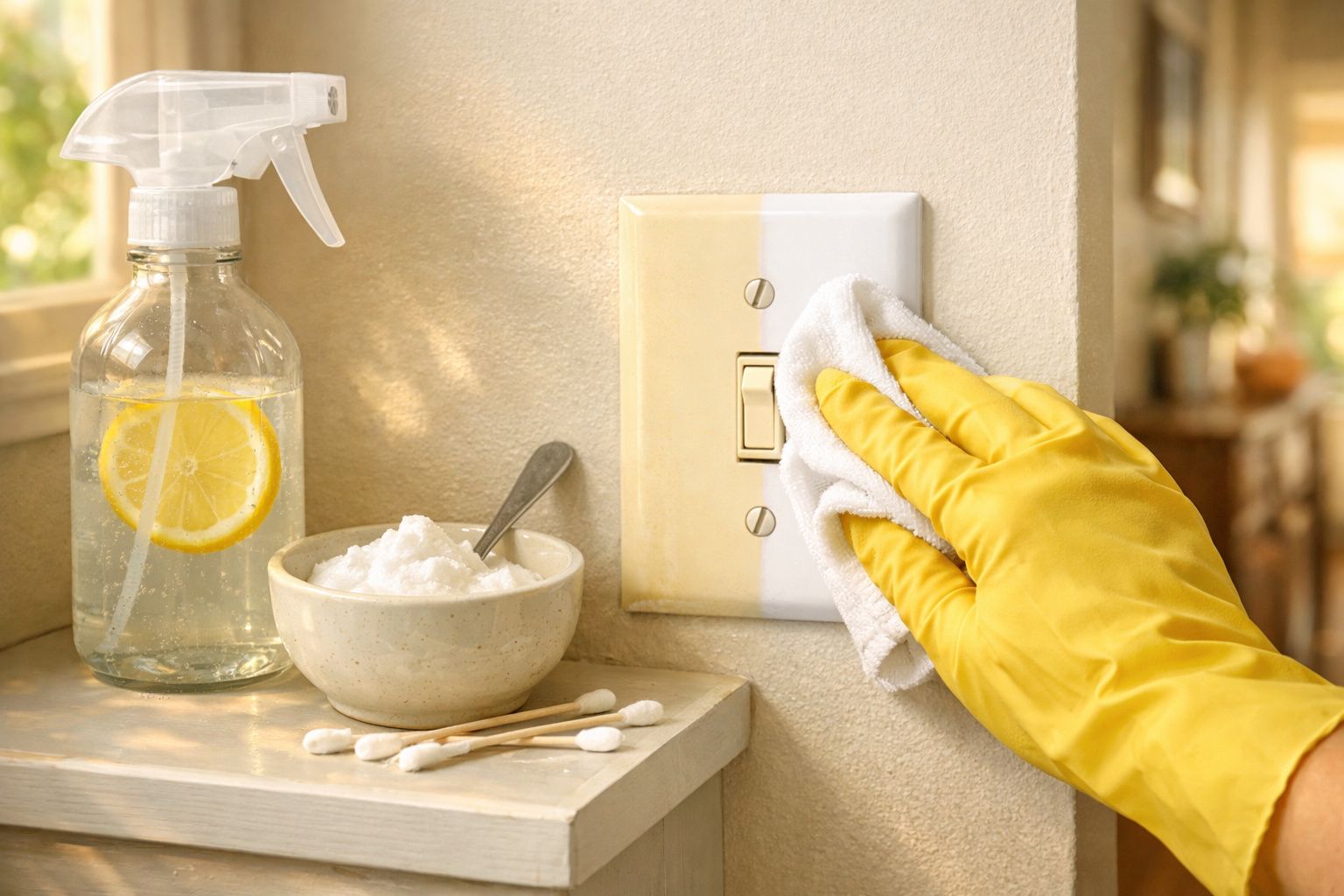 Mão com luva amarela a limpar interruptor de luz com pano branco, mesa com bicarbonato, cotonetes e spray de limão.