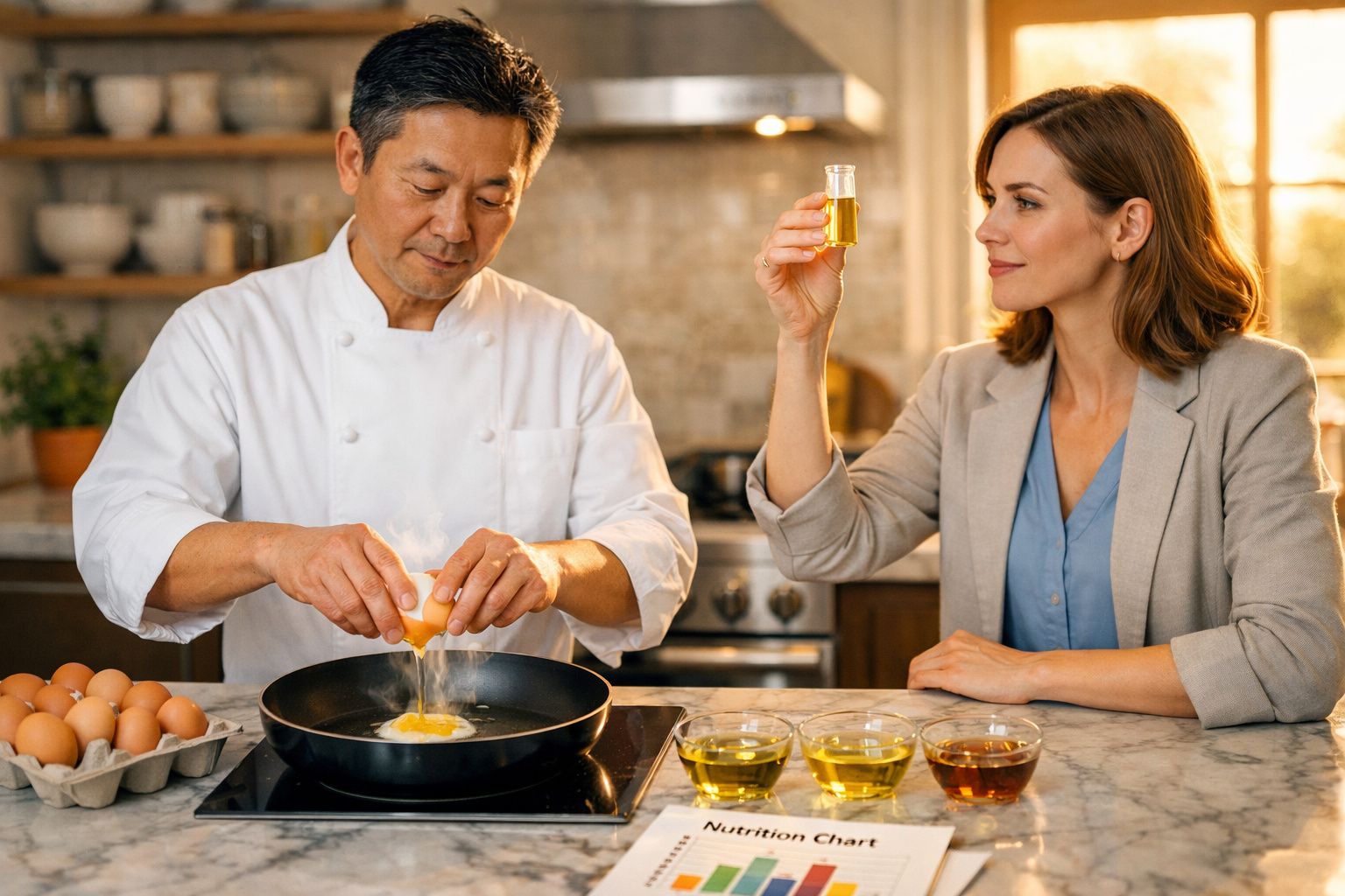 Chef a cozinhar ovo numa frigideira enquanto mulher examina amostra de azeite numa cozinha moderna.