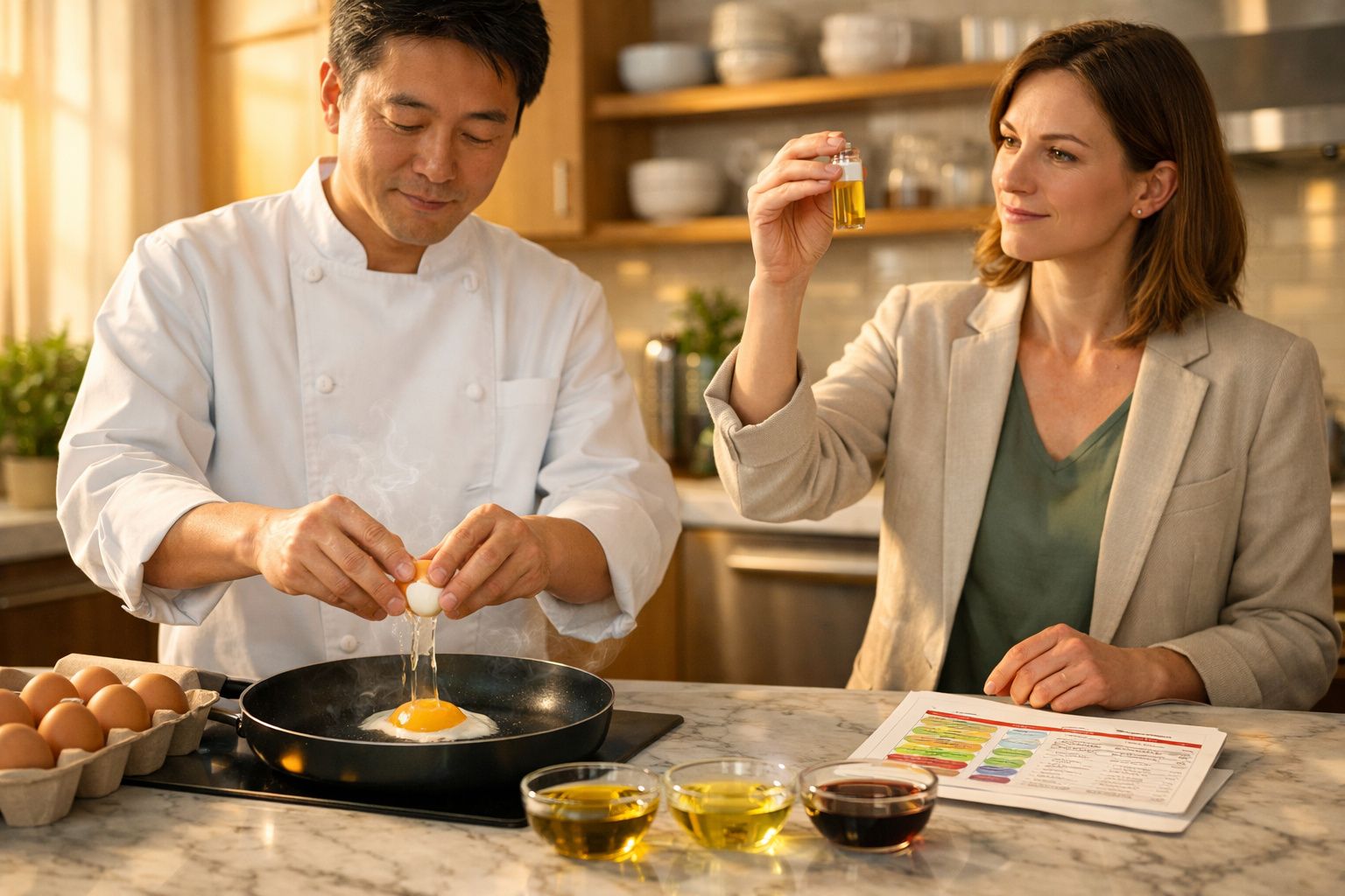 Homem a cozinhar ovo enquanto mulher segura frasco de óleo numa cozinha com receitas.