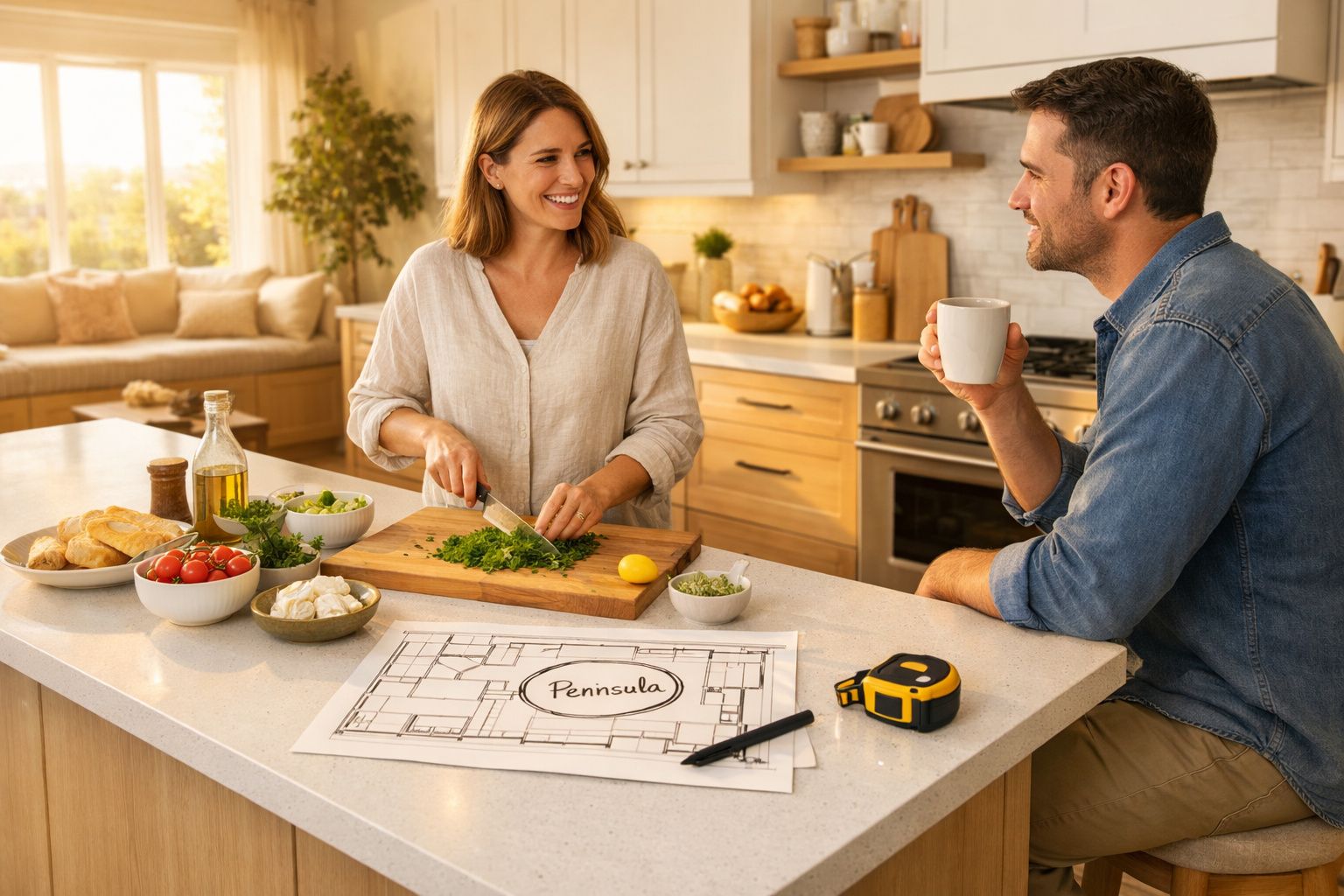 Casal feliz na cozinha; mulher a cortar ervas, homem sentado a beber café, planta aberta com planta de casa.