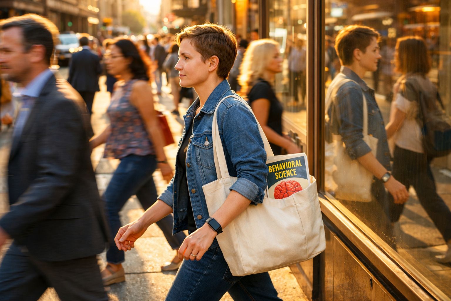 Mulher de cabelo curto e casaco de ganga caminha numa rua movimentada com livro "Behavioral Science" à vista na sua mala.