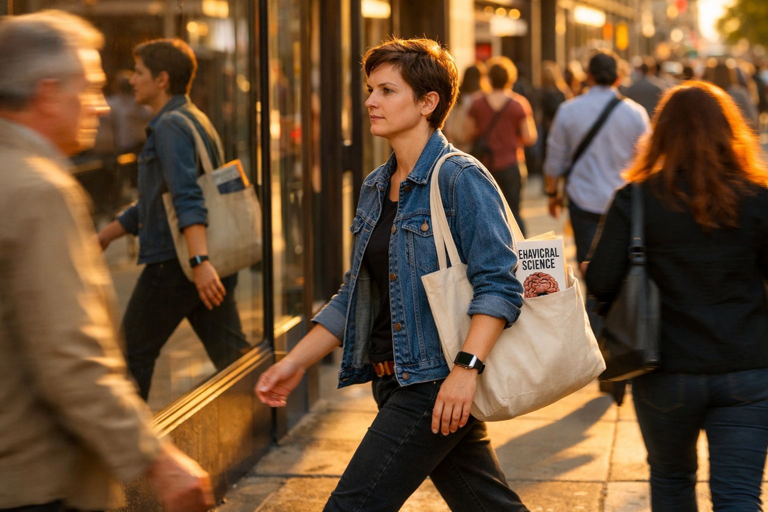Mulher com casaco de ganga caminha numa rua movimentada, carregando saco com livro visível.