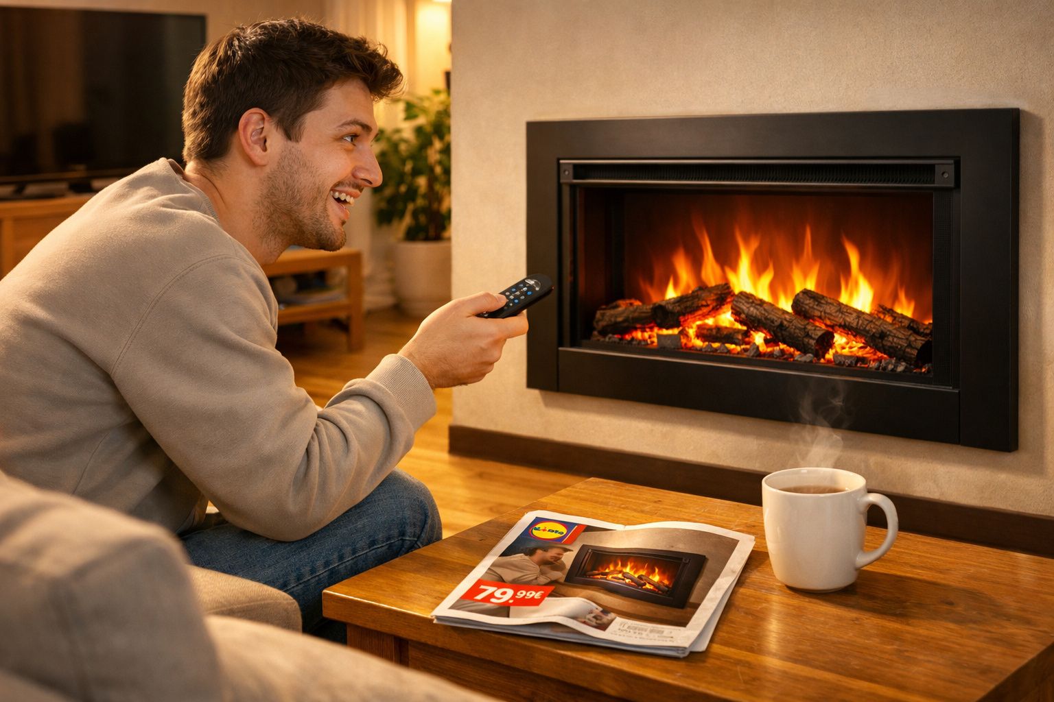 Homem sentado sorrindo junto à lareira, segurando comando, com chá quente e folheto na mesa.