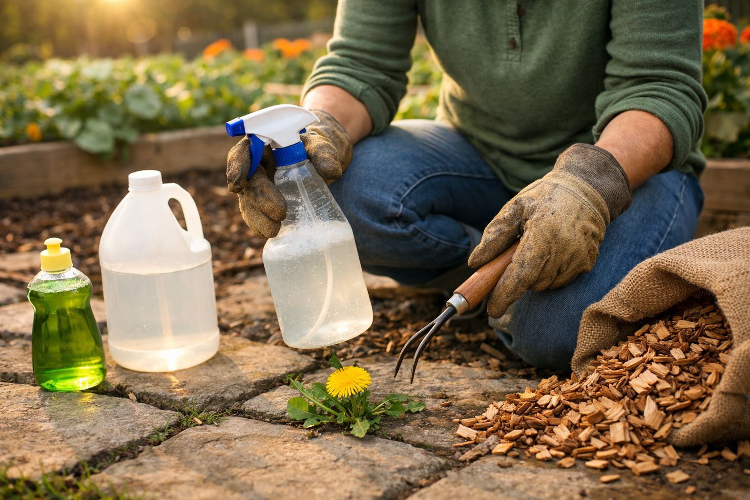 Pessoa com luvas de jardinagem a aplicar spray numa dente-de-leão e terra com aparas de madeira ao lado.