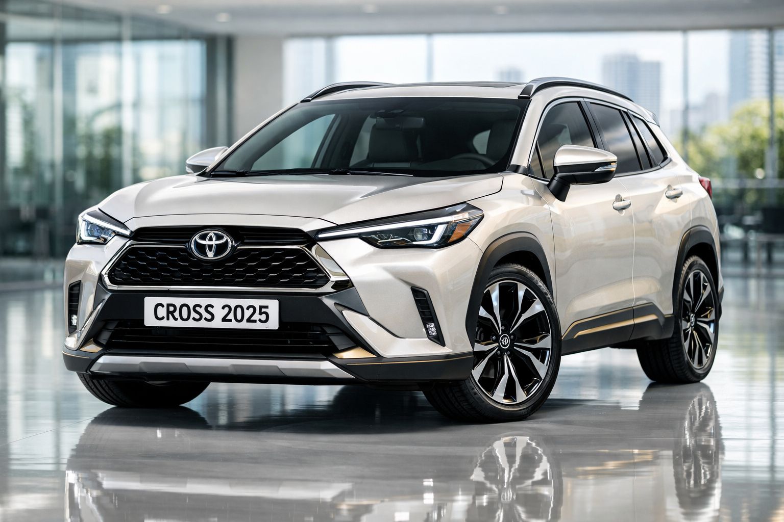 Automóvel Toyota Cross 2025 branco, SUV moderno estacionado em interior com chão brilhante.