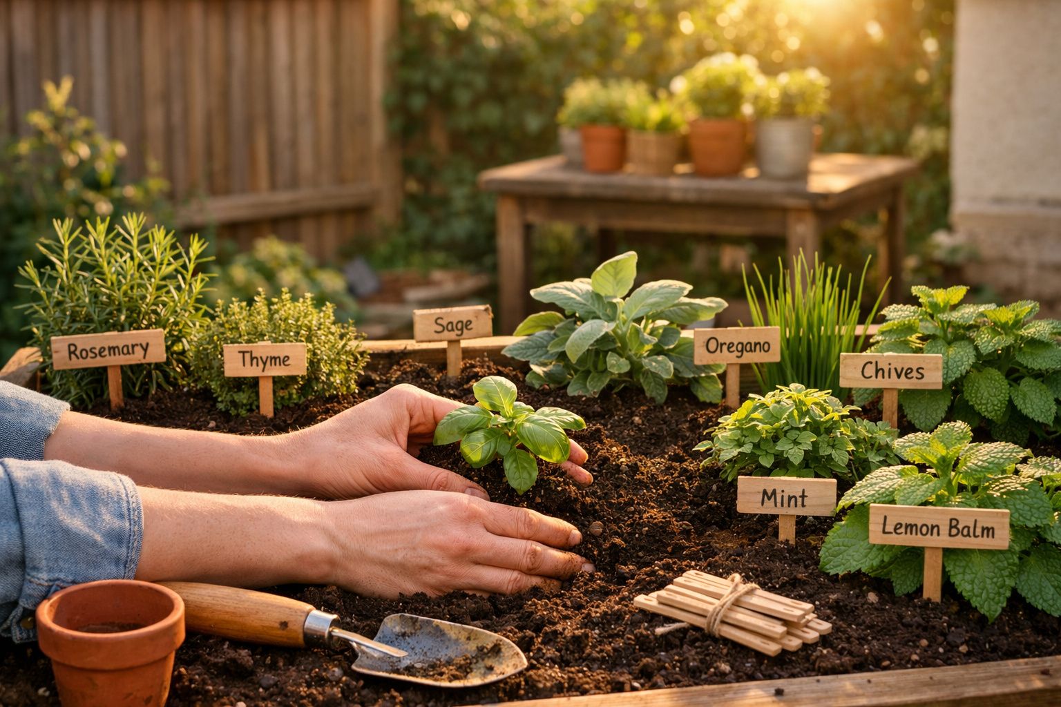Mãos a plantar ervas aromáticas num jardim com etiquetas de alecrim, tomilho, sálvia, orégão, cebolinho, hortelã e erva-cidre