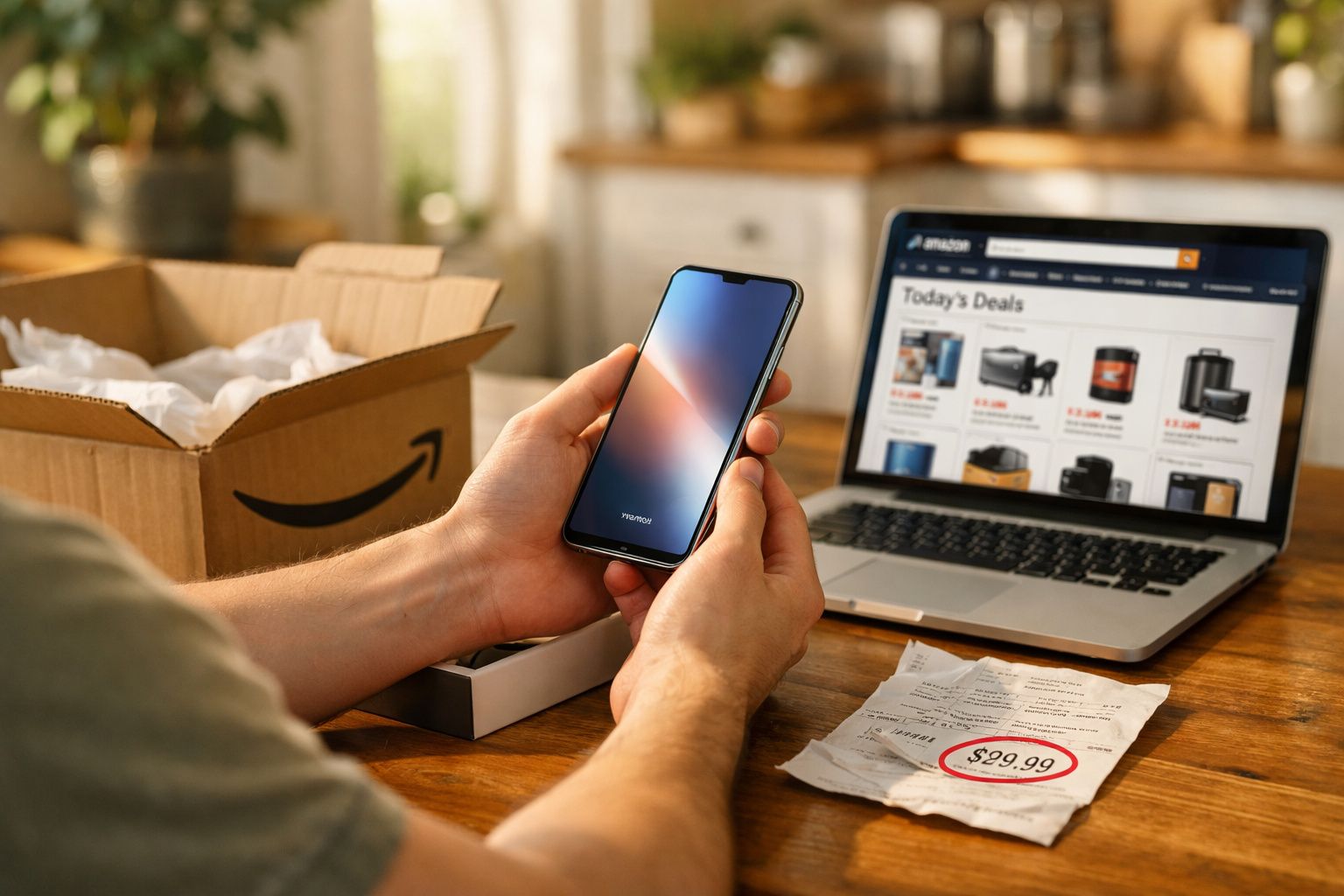 Pessoa a segurar um smartphone novo com caixa, laptop aberto em site de ofertas e recibo numa mesa.