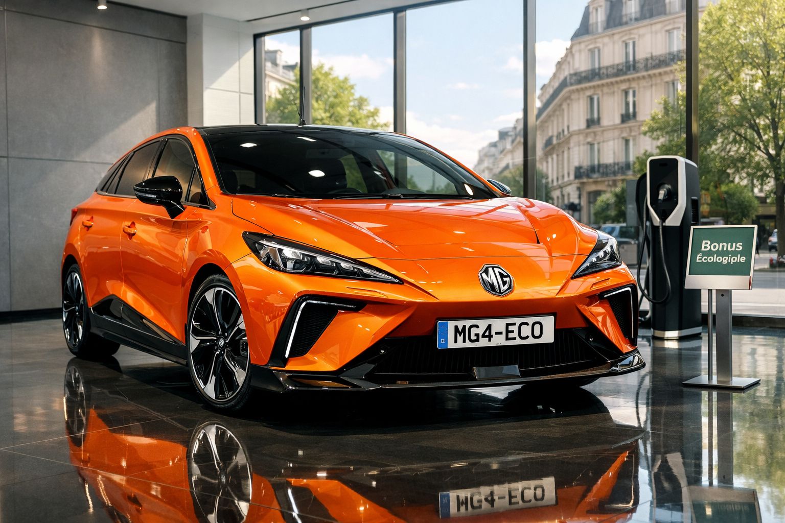 Carro elétrico laranja MG4-ECO estacionado num showroom moderno com sinal de bónus ecológico.