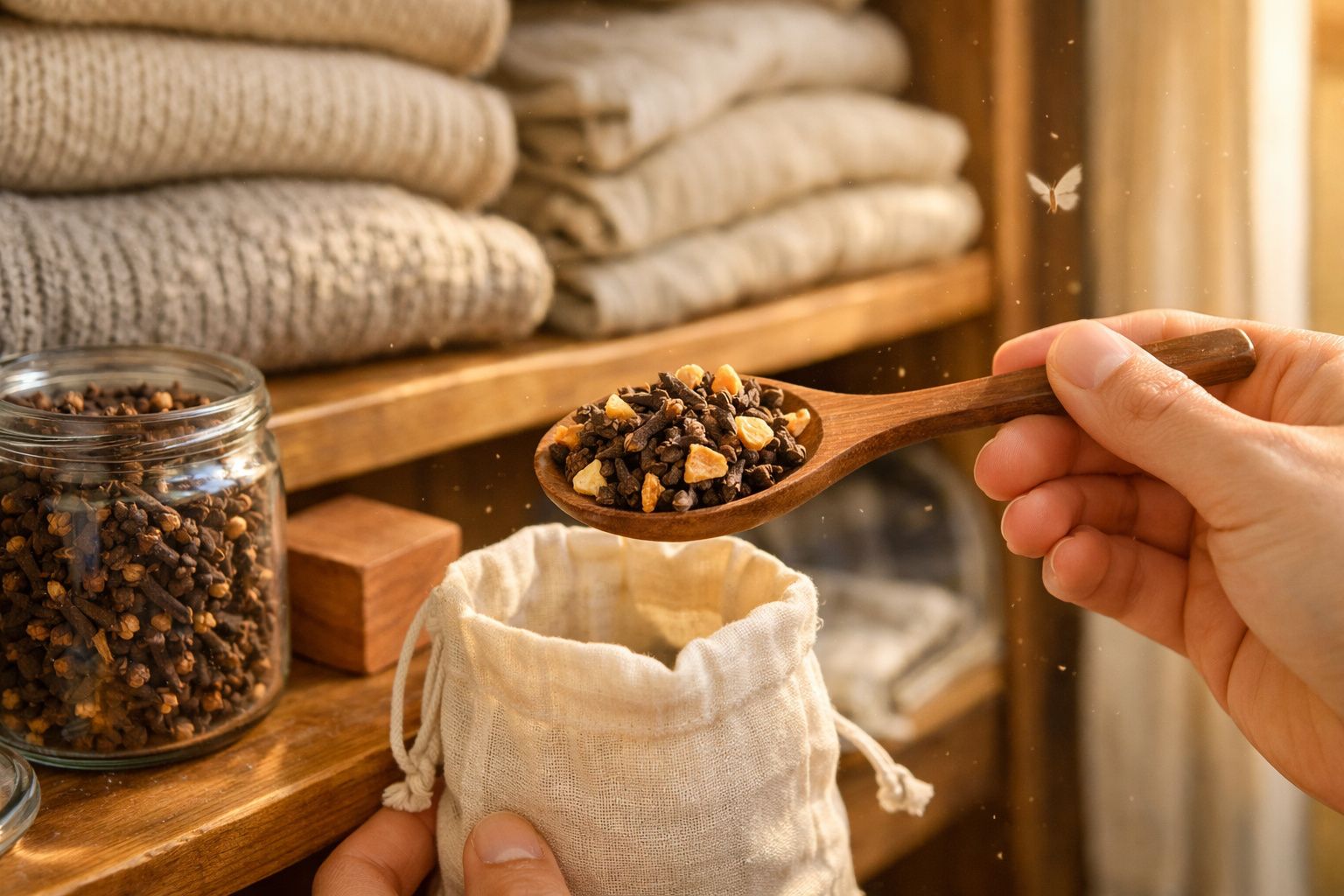 Mão a colocar cravinho e outras especiarias numa bolsa de tecido junto a frascos e toalhas empilhadas.