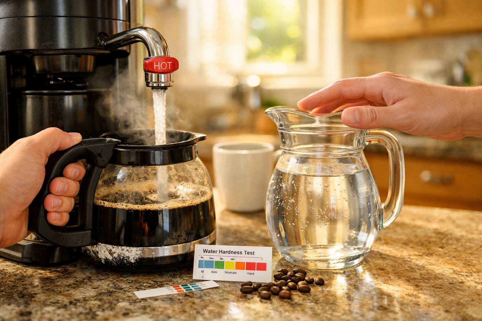 Mãos a preparar café e jarra de água numa bancada com teste de dureza da água e grãos de café.