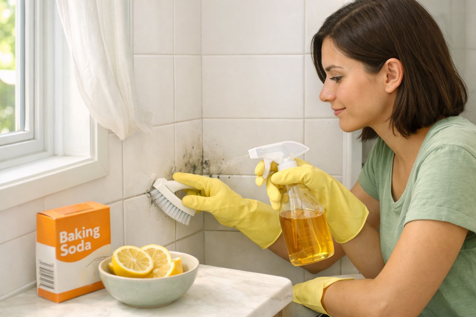 Mulher a limpar bolor em azulejo branco com escova e spray, usando luvas amarelas.