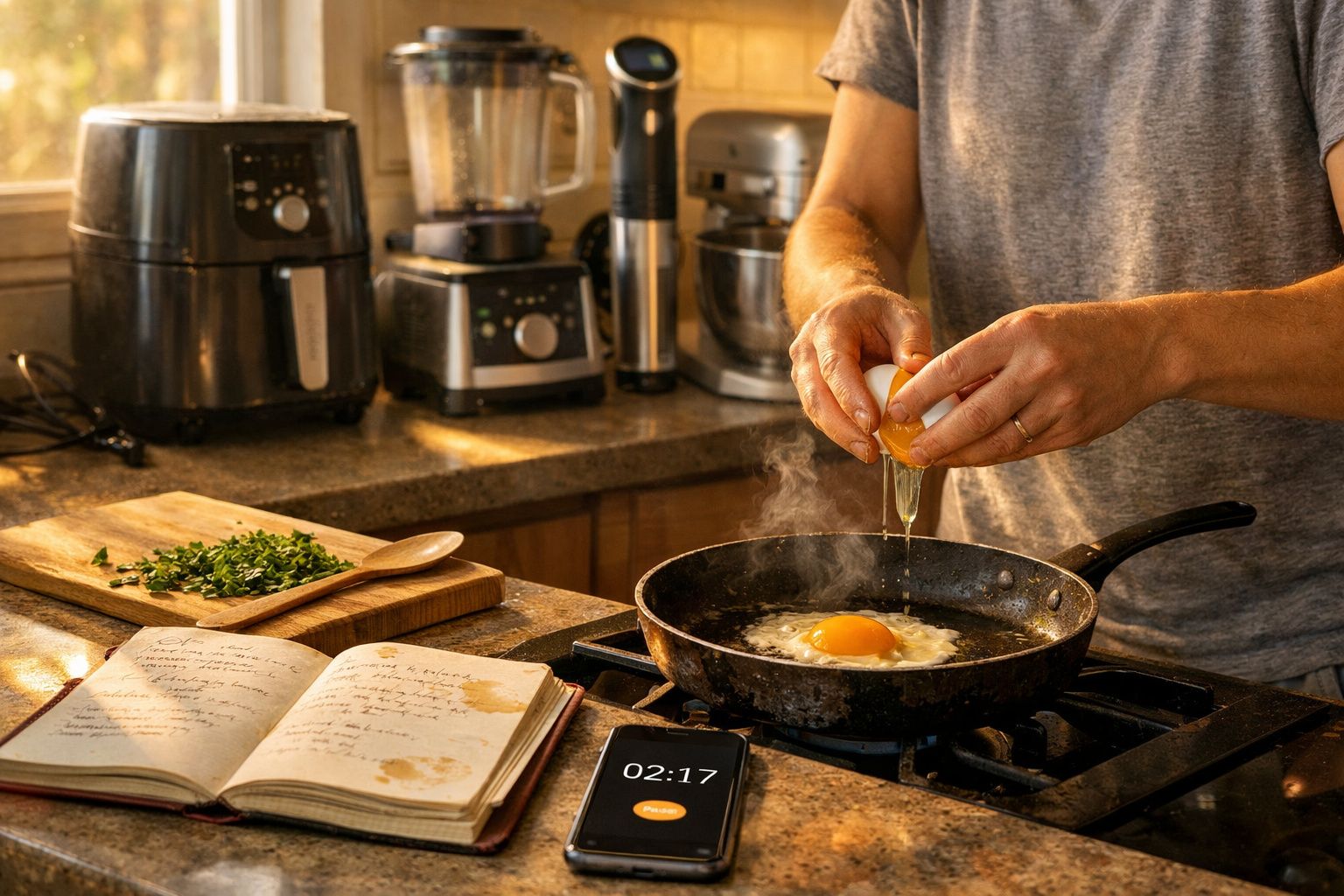 Pessoa a partir um ovo numa frigideira quente numa cozinha com livro de receitas aberto e ervas picadas.