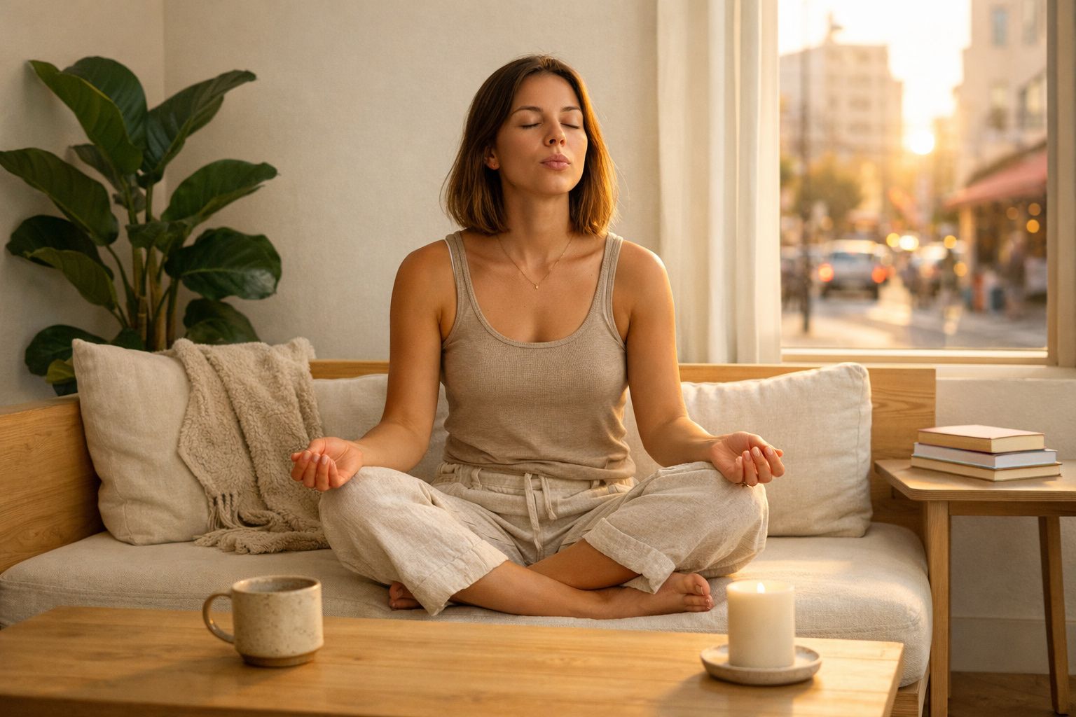 Mulher a meditar sentada de pernas cruzadas numa sala iluminada pelo pôr do sol, com vela e chá à frente.
