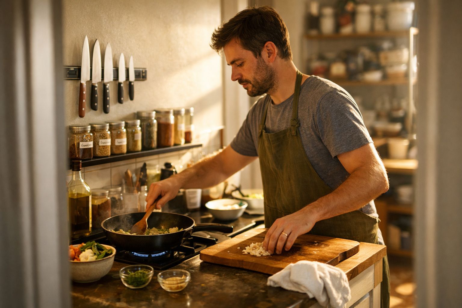 Homem a cozinhar numa cozinha com tábua de cortar, frigideira e especiarias numa prateleira.