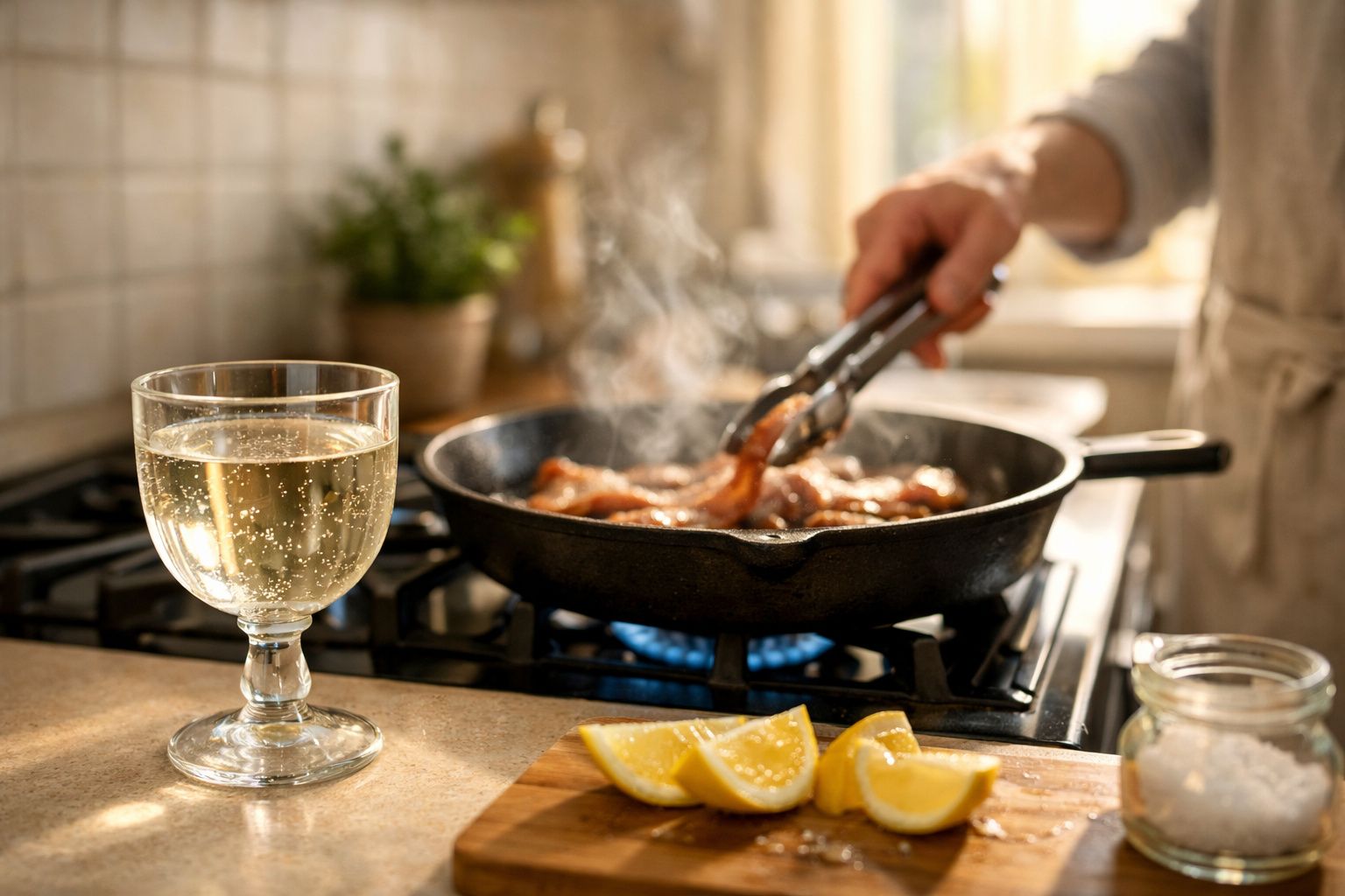 Pessoa a cozinhar carne numa frigideira com gás, limões cortados e copo de vinho branco na bancada.