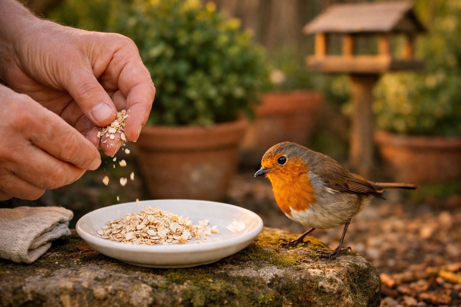 Mãos a oferecer flocos de aveia a um pequeno pássaro com peito laranja num ambiente exterior com vasos.