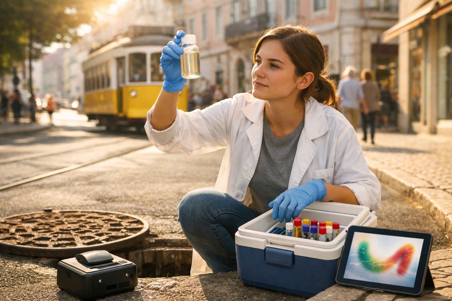 Mulher cientista analisa amostra de água da sarjeta na cidade, com elétrico amarelo ao fundo.