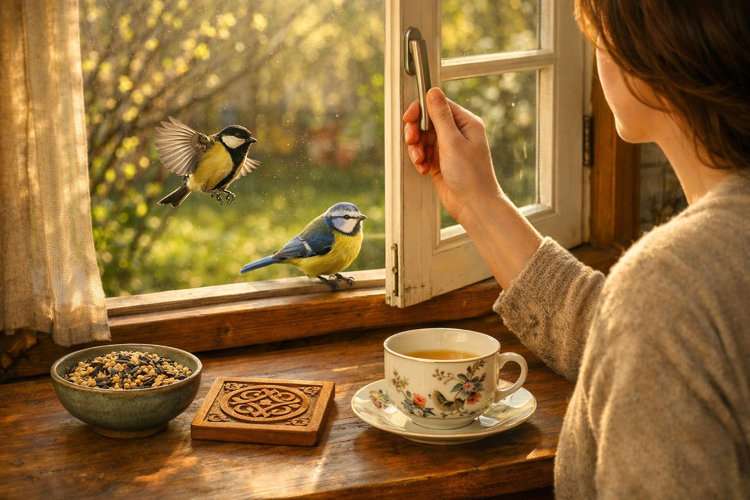 Pessoa observa dois pássaros na janela aberta enquanto desfruta de chá numa manhã iluminada.