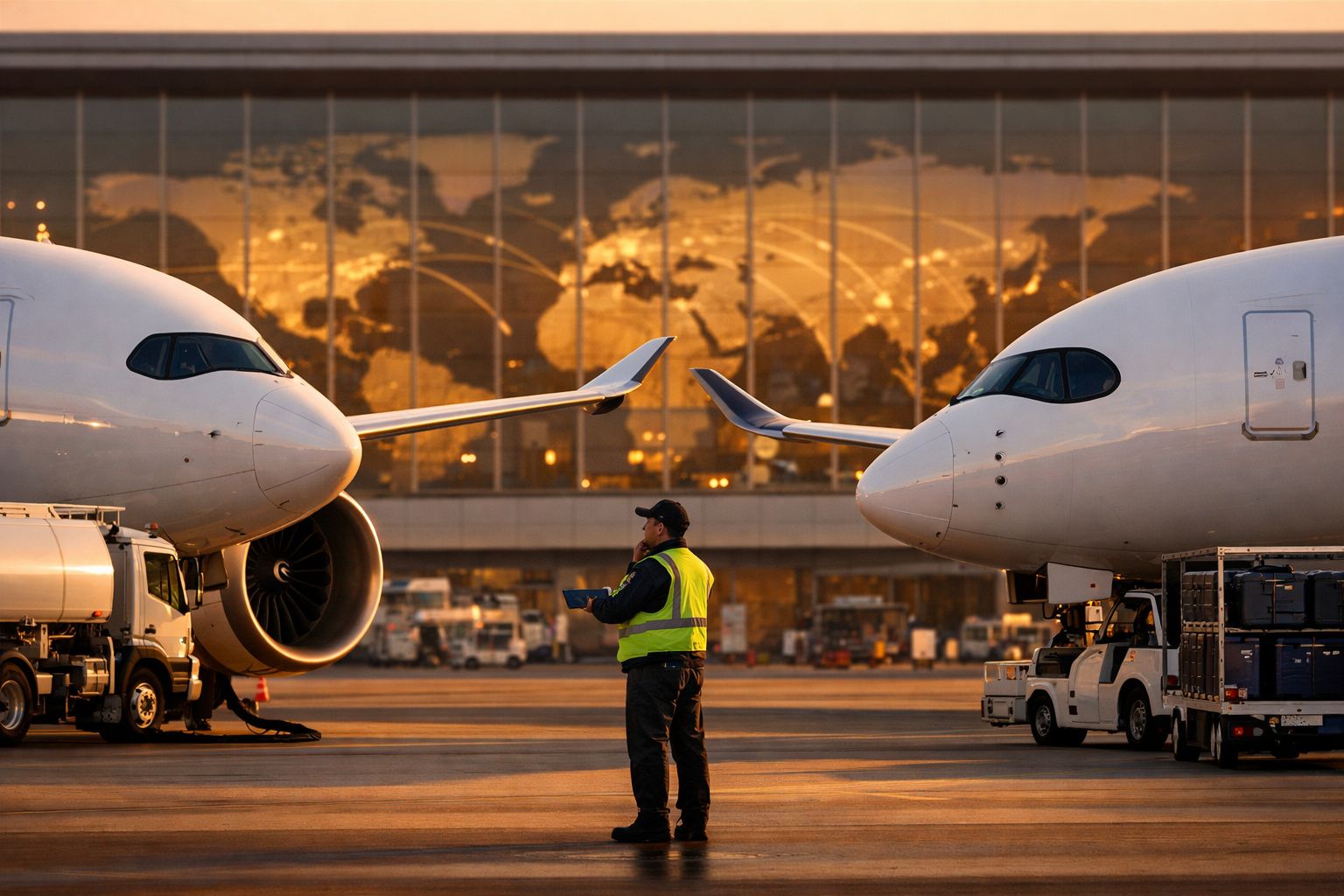 Dois aviões parados na pista de aeroporto ao pôr do sol com funcionário em colete refletor no meio.