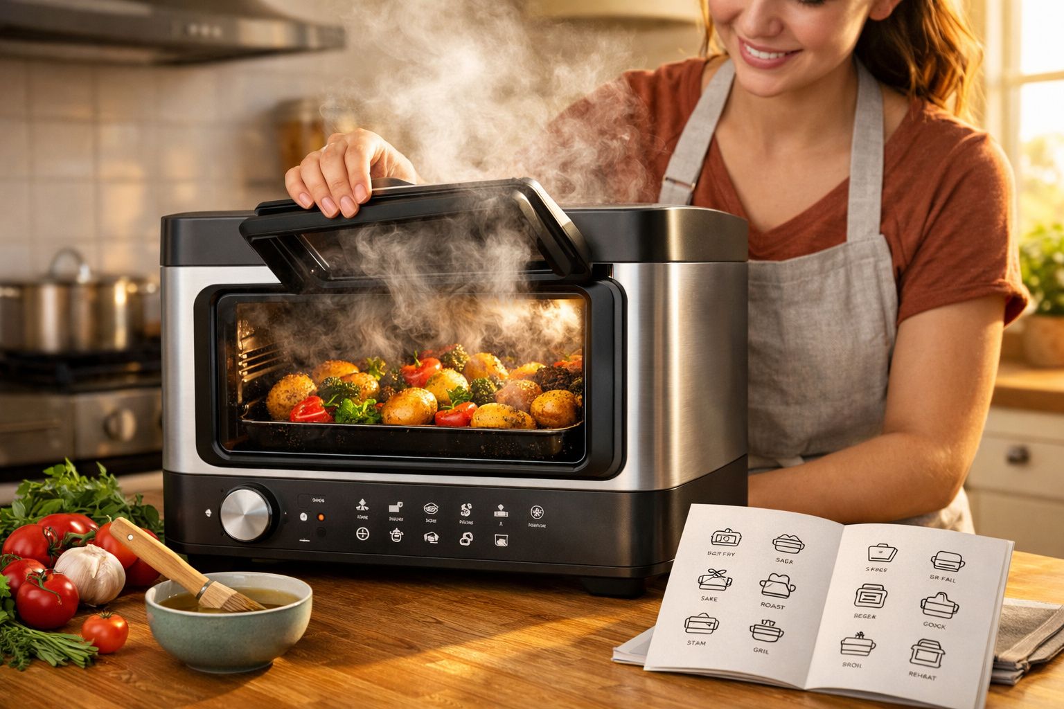 Pessoa a abrir forno elétrico com legumes assados e vapor a sair, numa cozinha iluminada.