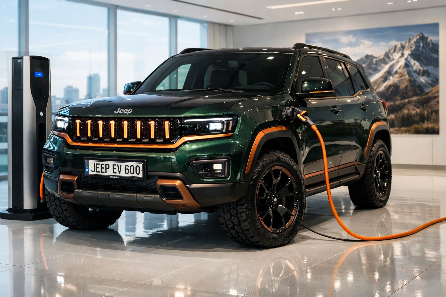 Jeep elétrico verde a carregar numa estação de carregamento interior com montanhas ao fundo.