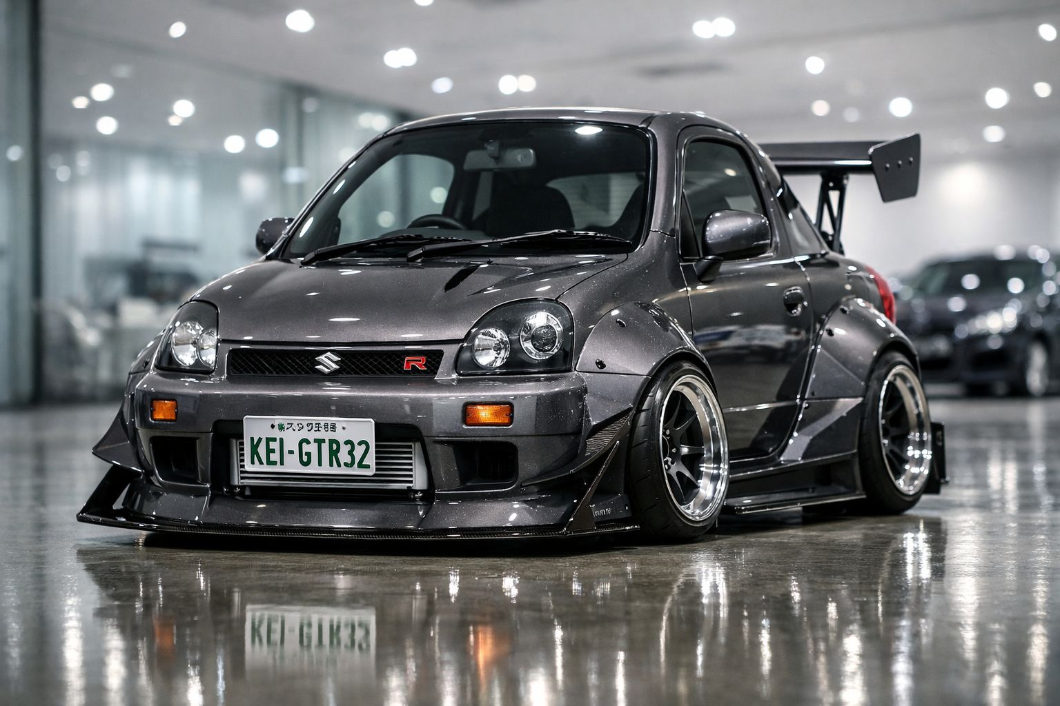 Carro Suzuki cinzento com modificações desportivas e asa traseira, estacionado em espaço interior iluminado.