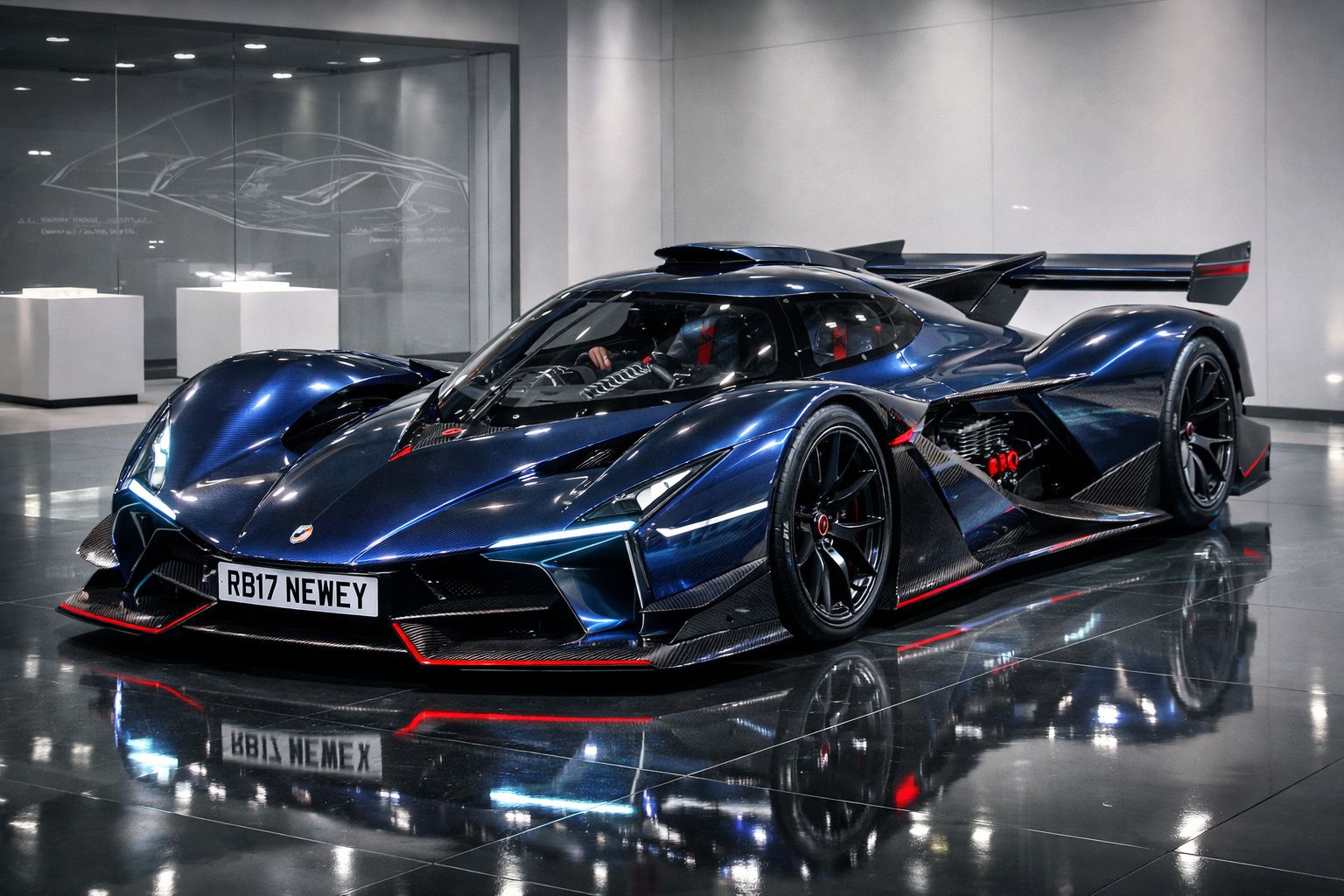 Carro desportivo azul metálico futurista com design aerodinâmico e detalhes em vermelho num ambiente interior moderno.