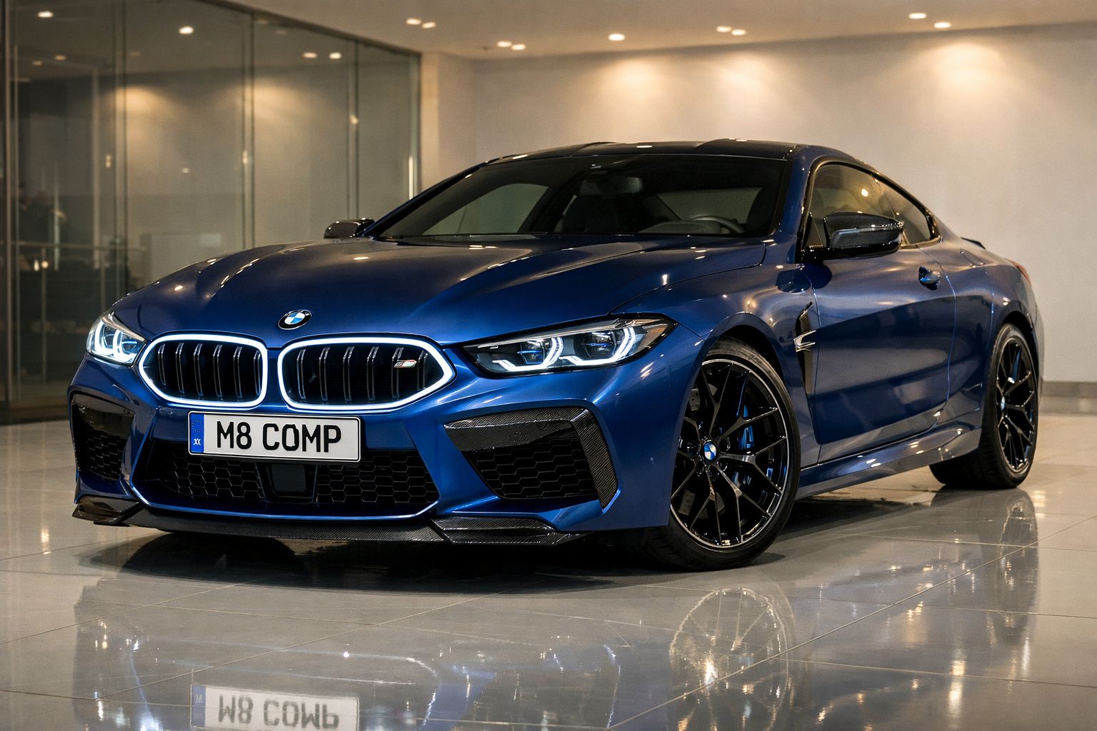 Automóvel desportivo BMW azul metalizado estacionado em interior com faróis ligados.