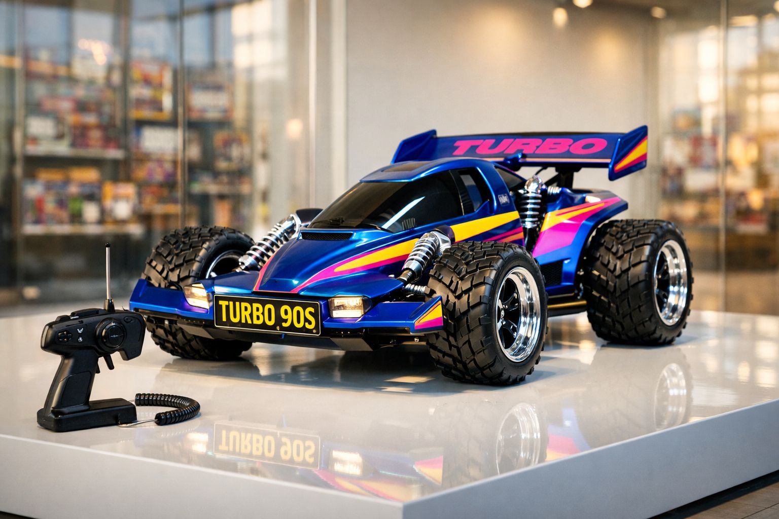 Carro rádio-controlado azul Turbo 90S com pneus grandes numa superfície branca refletora.